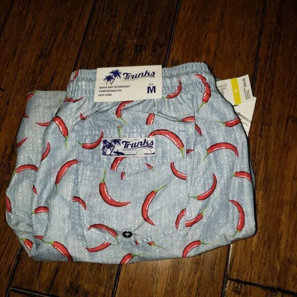 TRUNKS Surf & Sun Co Blue Red Chili Pepper Novelty Men's Swim Sz M Quick Dry New